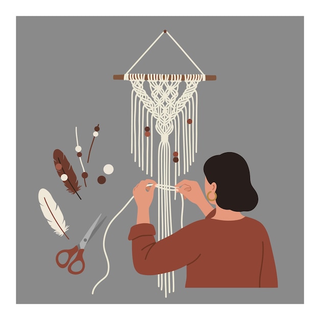 Mujer haciendo una pared de macrame colgada con arte vectorial de estilo de diseño minimalista