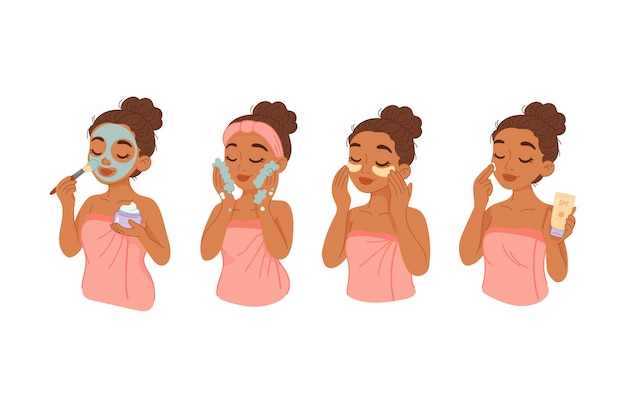 Mujer haciendo paso a paso el proceso de rutina de cuidado facial