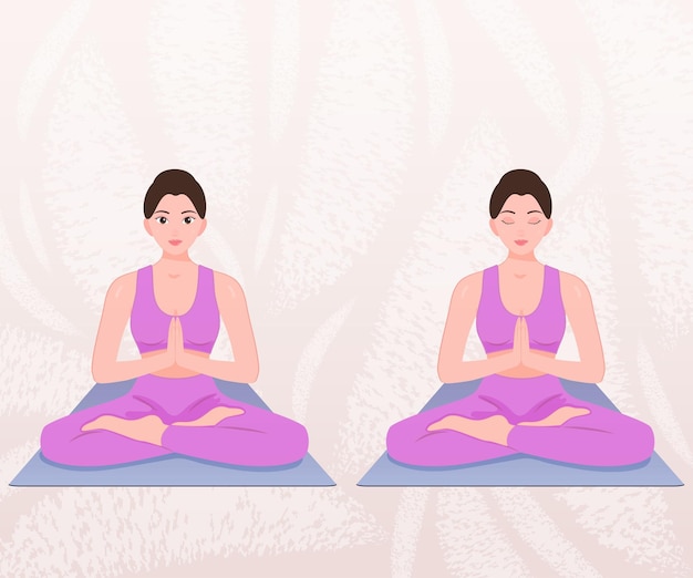 Mujer haciendo pose de yoga pose de loto con dos manos aplaude ilustración vectorial