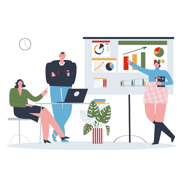 Mujer haciendo una presentación a sus colegas El concepto de trabajo en equipo Vector plano