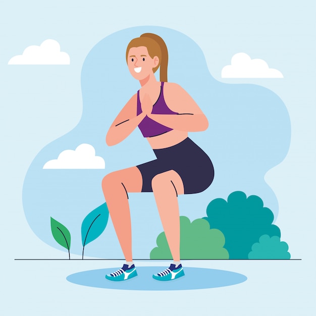 Mujer haciendo sentadillas al aire libre, ejercicio de recreación deportiva
