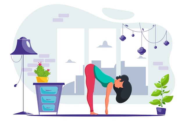 Mujer haciendo yoga en casa en un interior moderno