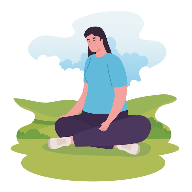 Vector mujer haciendo yoga en el diseño del parque, temporada y actividad al aire libre