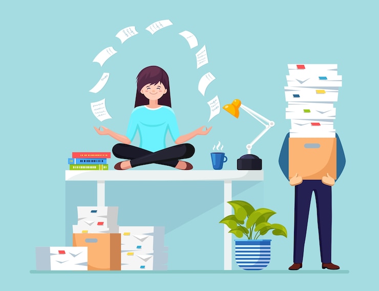 Vector mujer haciendo yoga en el lugar de trabajo en la oficina. trabajador sentado en postura de loto en el escritorio con papel volador, meditando, relajándose, calmando el manejo del estrés.
