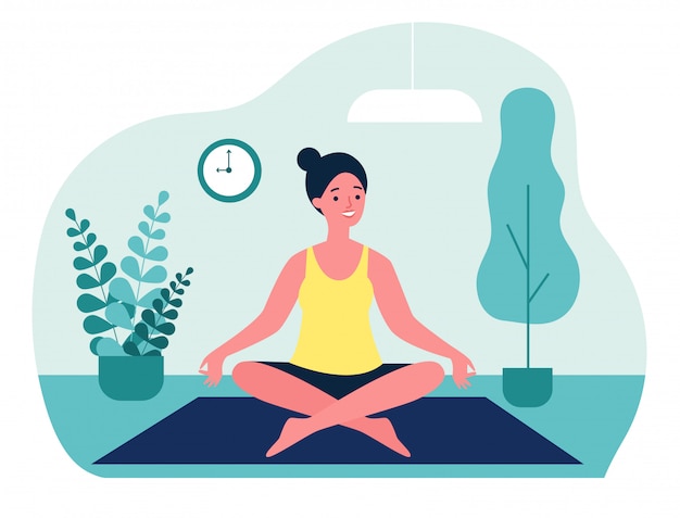 Mujer haciendo yoga matutino en casa ilustración