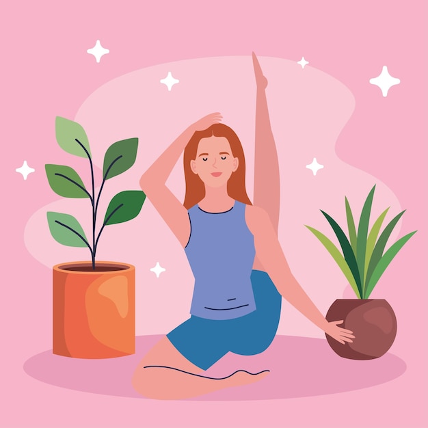 Mujer haciendo yoga con plantas