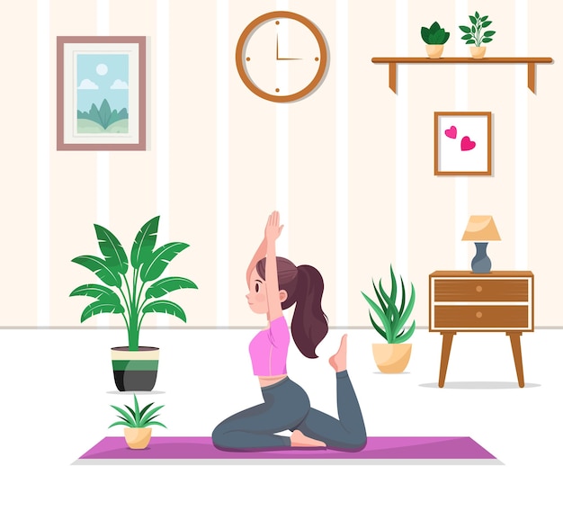 una mujer haciendo yoga en una postura de yoga con un reloj en la pared detrás de ella