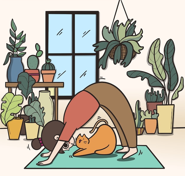 Mujer haciendo yoga, quedarse en casa y concepto de ejercicio.