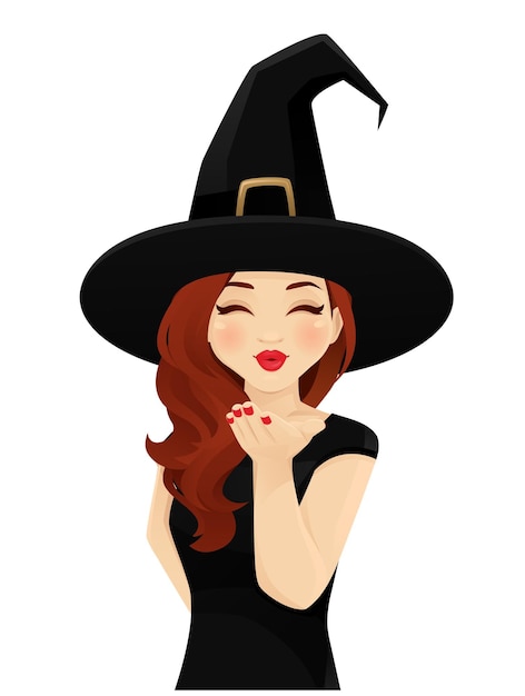 Mujer de halloween en disfraz de bruja soplando un beso mágico ilustración vectorial aislada