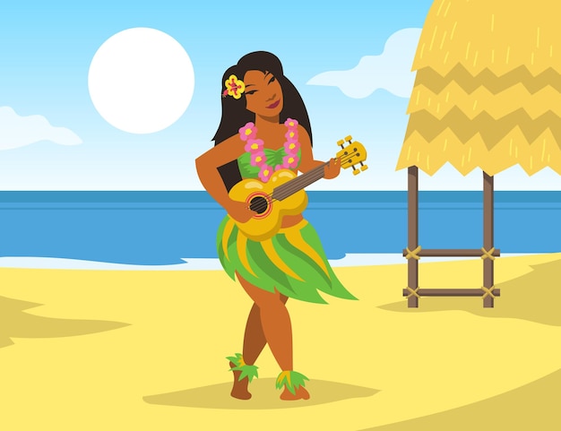 Mujer hawaiana en traje nacional tocando la guitarra ukelele en la playa