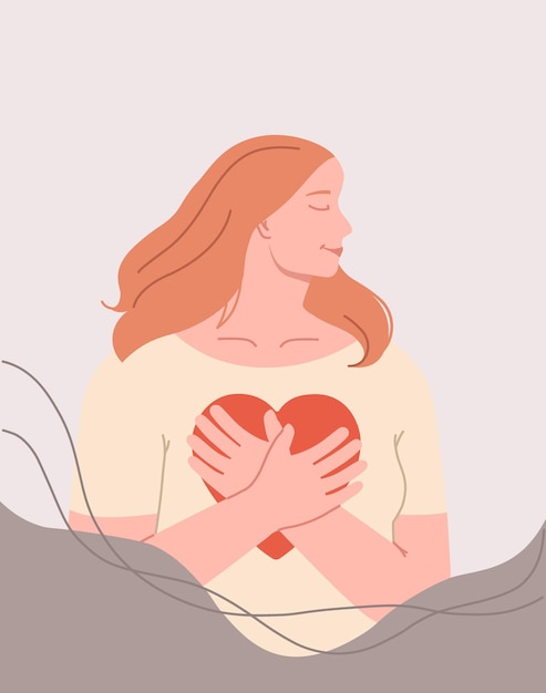 Una mujer hermosa abraza suavemente su corazón Ilustración vectorial al estilo de piso