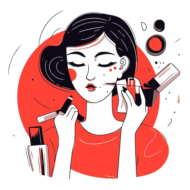 Mujer hermosa aplicando maquillaje en estilo de arte de línea