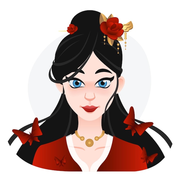 Mujer hermosa asiática de dibujos animados Cabello largo y negro con clip de flores en la parte superior Geisha ilustración para juego web o publicidad Vector