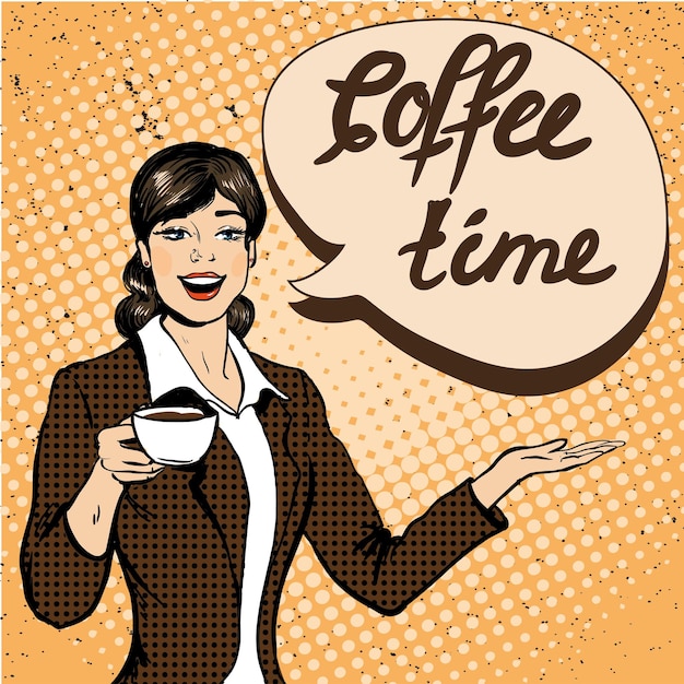 Vector mujer hermosa bebiendo café ilustración vectorial en estilo de arte pop cómico retro cartel conceptual de la hora del café