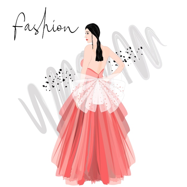 Vector una mujer hermosa en elegante vestido rosa ilustración de moda