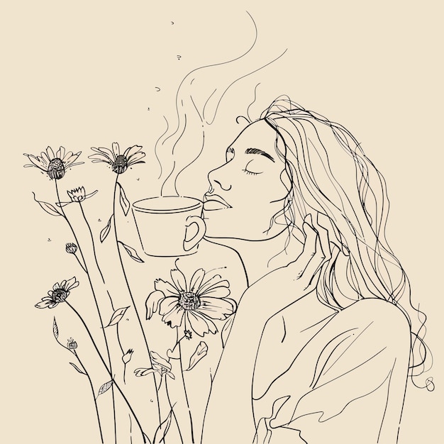 mujer hermosa y flores bebiendo café estilo minimalista