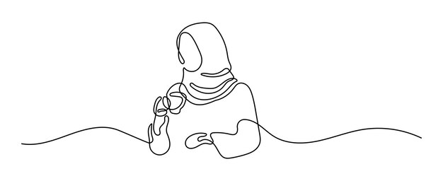 Mujer hermosa con hijab bebiendo una taza de café en línea arte de una sola línea continua línea editable