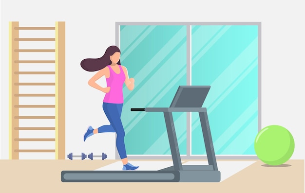 Mujer hermosa joven corriendo en una cinta de correr en un gimnasio Chica corriendo Ilustración vectorial en estilo plano