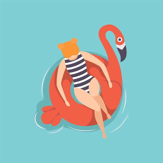 Mujer hermosa joven flotando en un anillo inflable en forma de flamenco en la vista superior de la piscina vector ilustración sobre un fondo azul claro