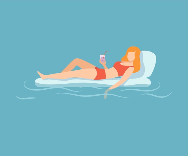 Mujer hermosa joven flotando en colchón de aire Mujer relajándose en el mar Océano o piscina en vacaciones de verano Ilustración vectorial Estilo plano