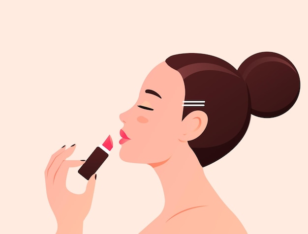 Vector mujer hermosa joven pinta labios con un lápiz labial