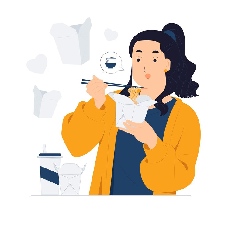 Vector mujer hermosa joven sosteniendo un tazón de fideos y comiendo comida instantánea caliente y picante con la ilustración del concepto de palillos