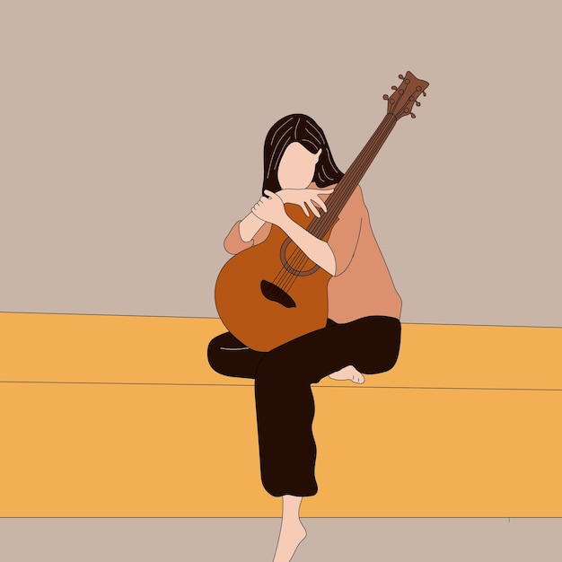 Mujer hermosa joven toca una guitarra. Ilustraciones vectoriales dibujadas a mano