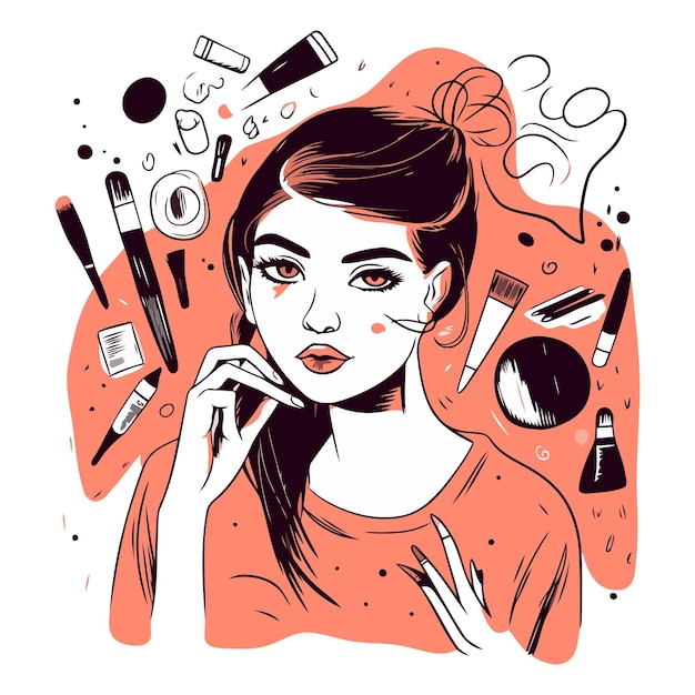 Mujer hermosa con maquillaje y cosméticos ilustración dibujada a mano por vector