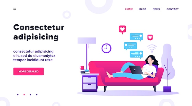 Mujer hermosa que se relaja en el sofá con la ilustración de la computadora portátil. Niña quedarse en casa y chatear con amigos a través de dispositivos digitales. Concepto de tecnología digital y entretenimiento.