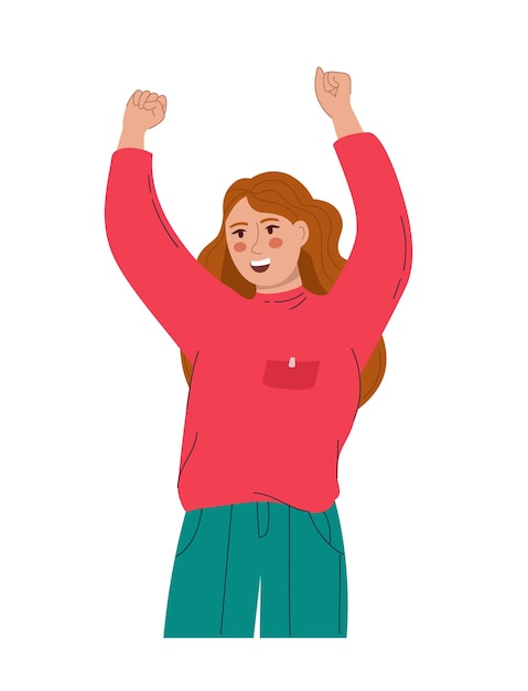 Una mujer hermosa se regocija y levanta las manos Ilustración vectorial plana