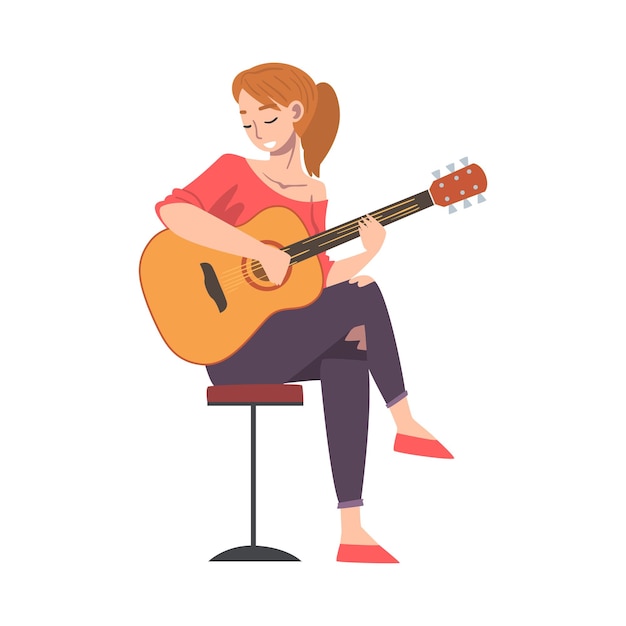 Mujer hermosa sentada en una silla alta tocando guitarra acústica Mujer músico tocando cuerdas en una actuación musical Ilustración vectorial de estilo dibujos animados