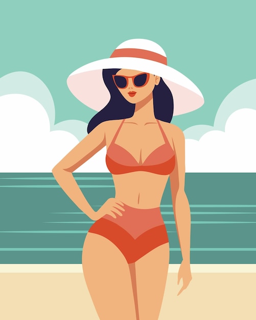 Mujer hermosa con sombrero de bañador y gafas de sol en la playa Vacaciones de verano y viajes