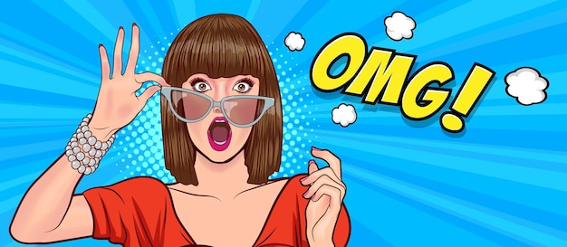 Mujer hermosa sorprendida mira algo estilo cómico Pop Art