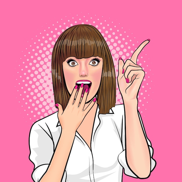 Mujer hermosa sorprendida mira algo estilo cómico Pop Art