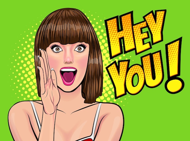 Mujer hermosa sorprendida mira algo estilo cómico Pop Art