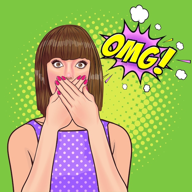 Mujer hermosa sorprendida mira algo estilo cómico Pop Art