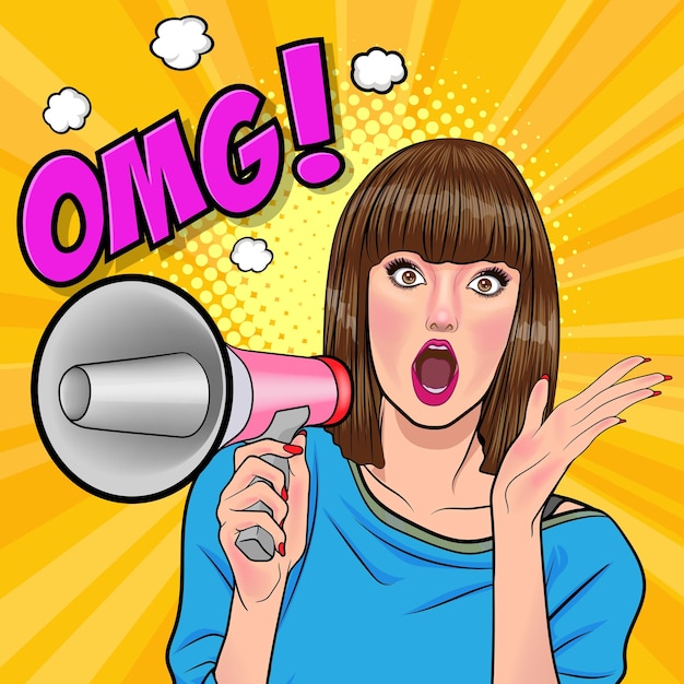Mujer hermosa sorprendida mira algo estilo cómico Pop Art