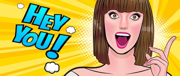 Mujer hermosa sorprendida mira algo estilo cómico Pop Art