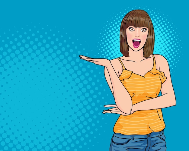 Mujer hermosa sorprendida mira algo estilo cómico Pop Art