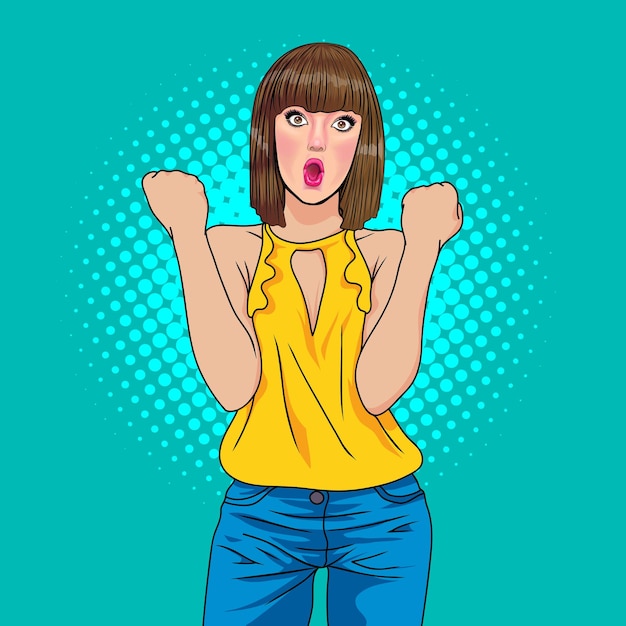 Mujer hermosa sorprendida mira algo estilo cómico Pop Art
