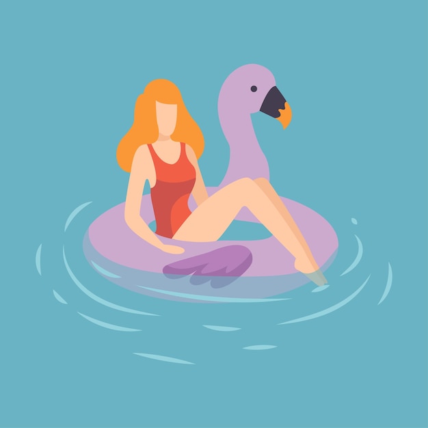 Mujer hermosa en traje de baño rojo flotando en un anillo inflable en forma de flamenco en piscina o estilo plano de ilustración vectorial del mar