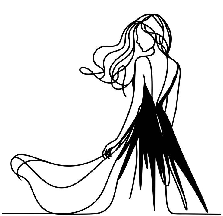 Mujer hermosa en vestido largo y negro estilo de dibujo artístico de línea Moda