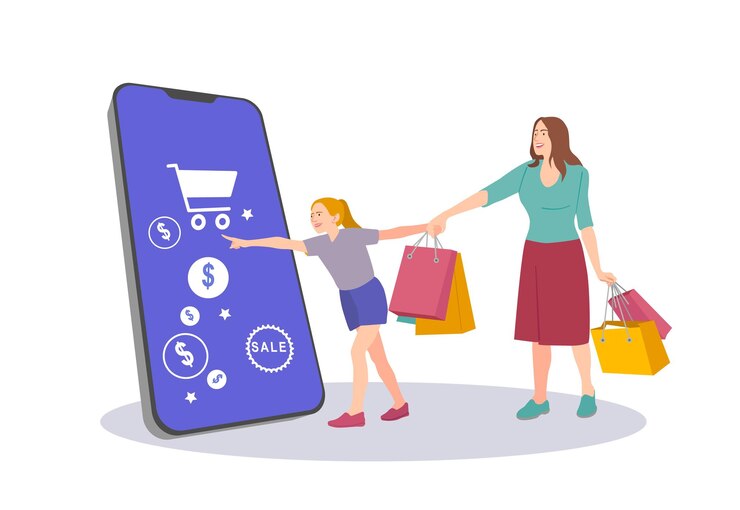 Vector mujer con hija sosteniendo bolsas de compras y mirando las compras en línea en la pantalla del móvil