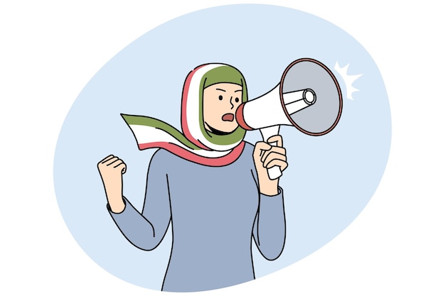 Vector mujer con hijab con bandera iraní grita en megáfono