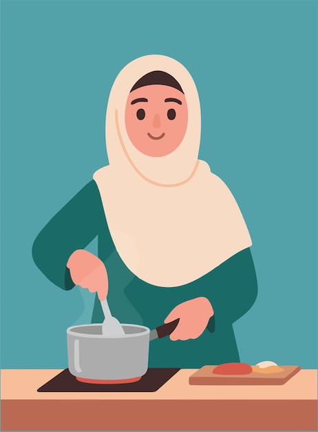 Mujer con hijab cocinando en la cocina