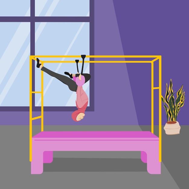 Mujer con hijab haciendo ejercicios de pilates en Reformer