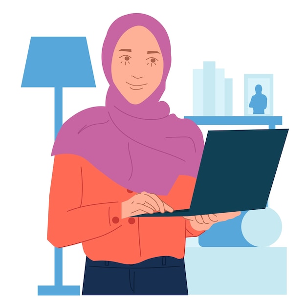 Una mujer con hijab trabaja mientras está parada en casa y sostiene una computadora portátil en una ilustración plana