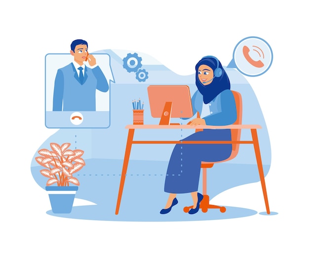 Mujer con hijab trabajando en la oficina del centro de llamadas hablando con clientes usando heatset.