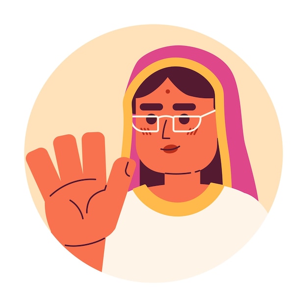 Vector mujer hindú adulta diciendo hola hola ilustración de avatar vectorial 2d adiós gafas felices cara de personaje de dibujos animados dama bindi reconocimiento no verbal imagen de perfil de usuario de color plano aislada en blanco