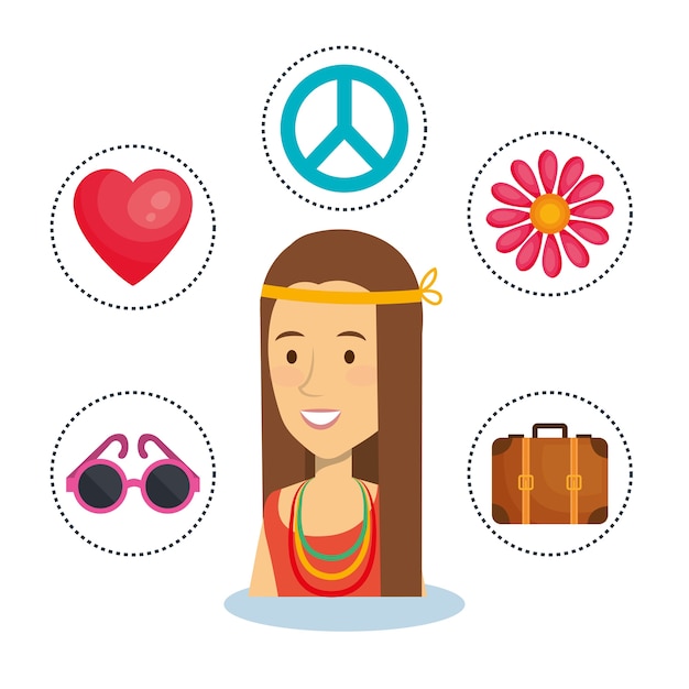 Mujer hippie con pegatinas de objetos relacionados